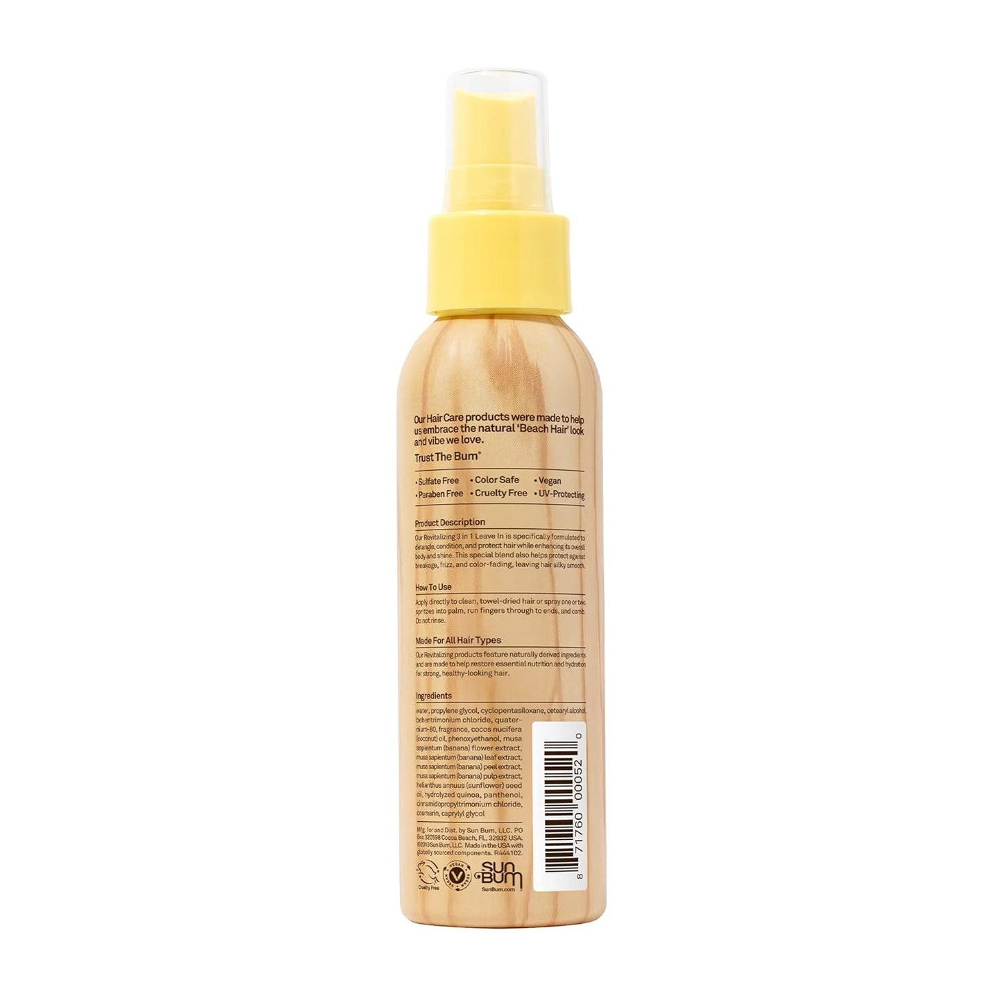 Sun Bum Revitalizing 3 in 1 Leave In Conditioner - Anti Frizz Detangler - Color Safe with UV Protection - Enriched with Coconut Oil and Banana - 4 oz