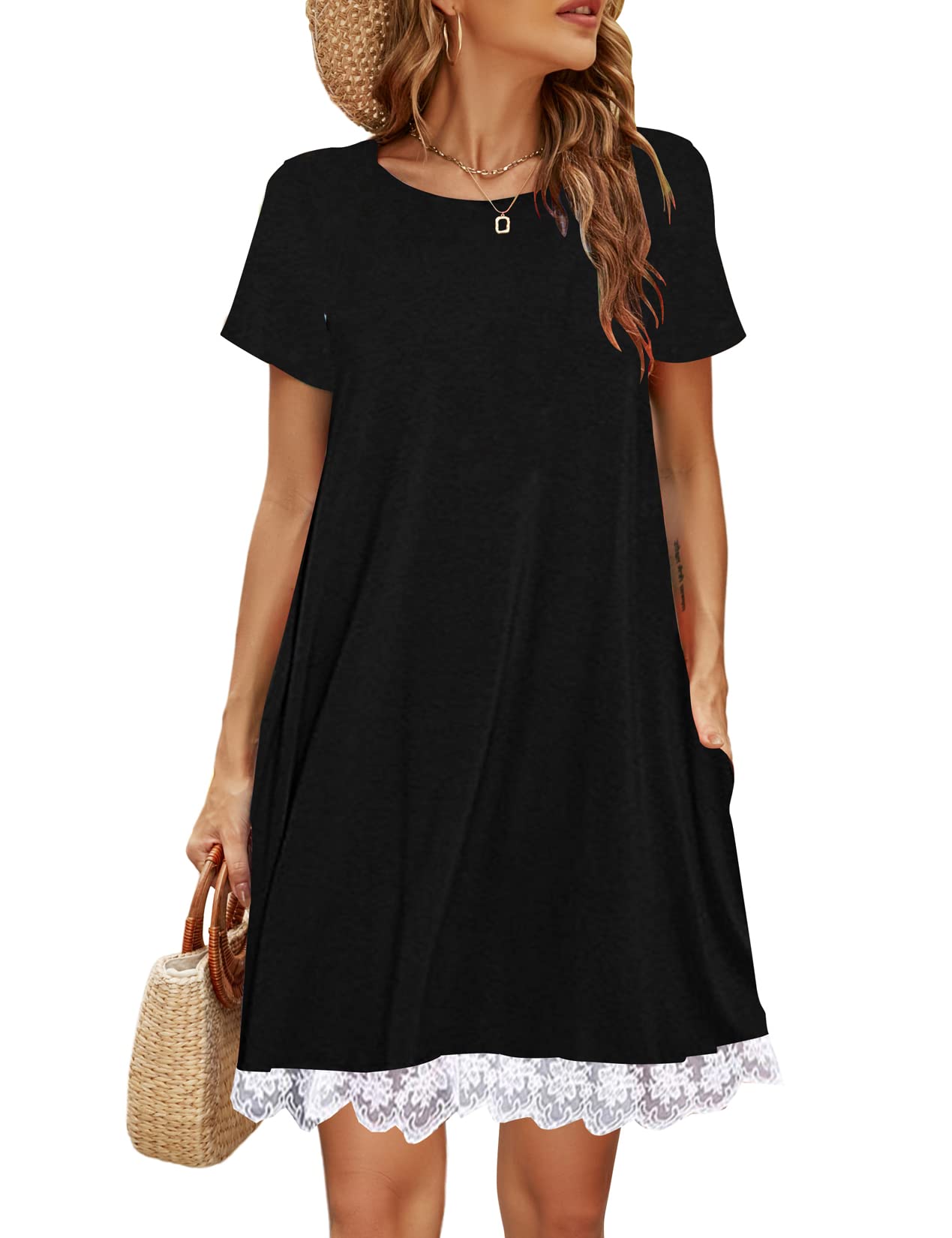 Halife Womens Summer Casual Tshirt Dress Loose Lace Hem Short Sleeve Beach Sundresses with Pockets
