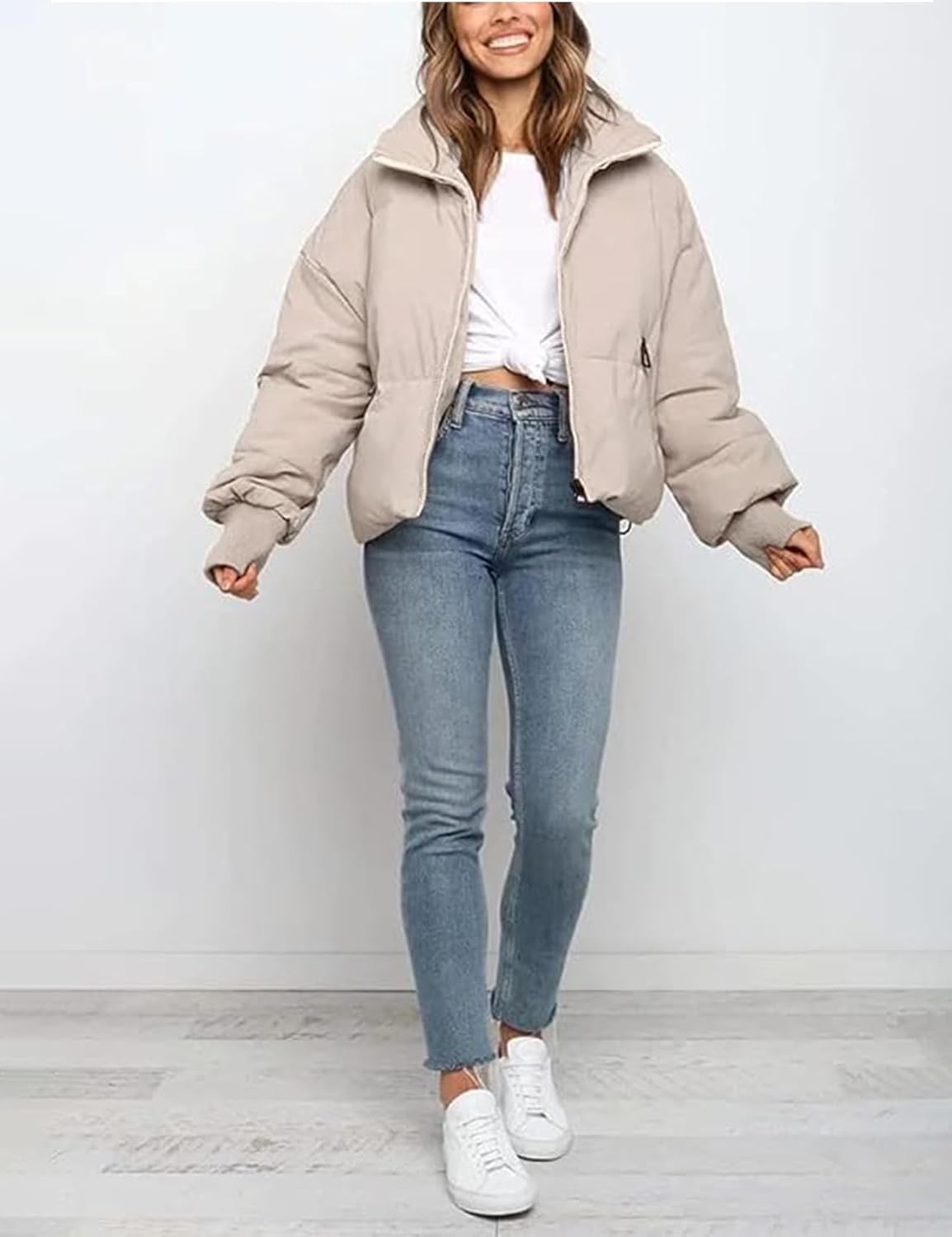 Flygo Winter Cropped Puffer Jacket Coats for Women 2025 Short Warm Quilted Jackets Outerwear with Pockets
