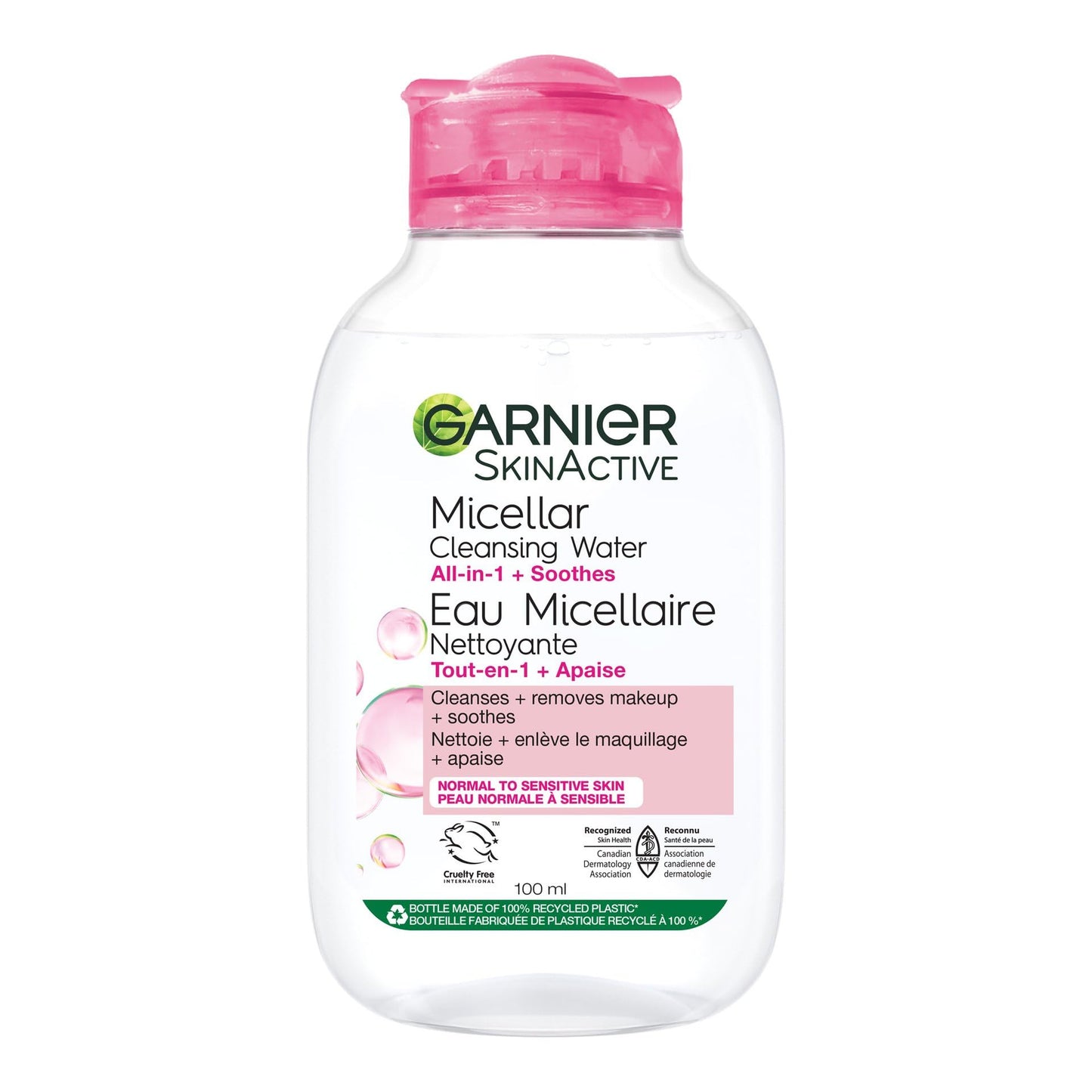 Garnier Micellar Cleansing Water, All-in-1 Makeup Remover and Facial Cleanser, For All Skin Types, 3.4 Fl Oz (100mL), 1 Count (Packaging May Vary)