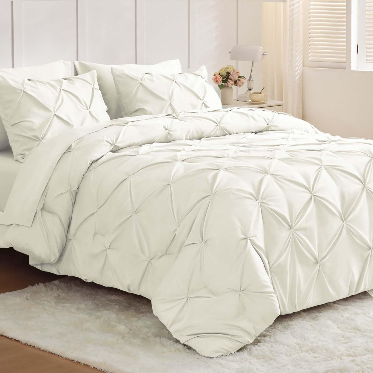 JOLLYVOGUE Queen Comforter Set 7 Pieces - Bed in a Bag Queen for All Season, Pintuck Bedding Comforter Sets with Comforter, Flat Sheet, Fitted Sheet and Pillowcases & Shams, Black
