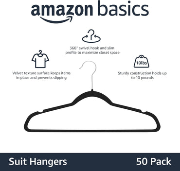 Amazon Basics Slim, Velvet, Non-Slip Suit Clothes Hangers, Pack of 50, Black