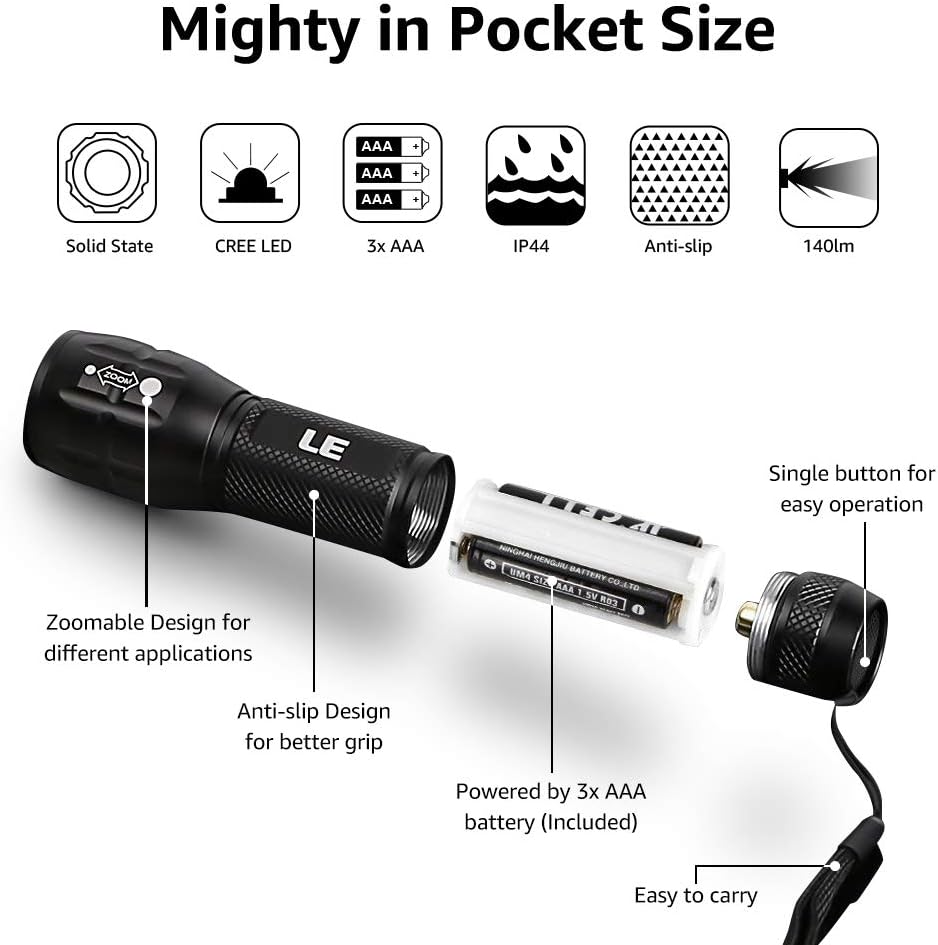 Lighting EVER LED Flashlights High Lumens, Small Flashlight, Waterproof, Adjustable Focus Flash Light for Outdoor, Emergency, AAA Batteries Included, Tactical & Camping Accessories