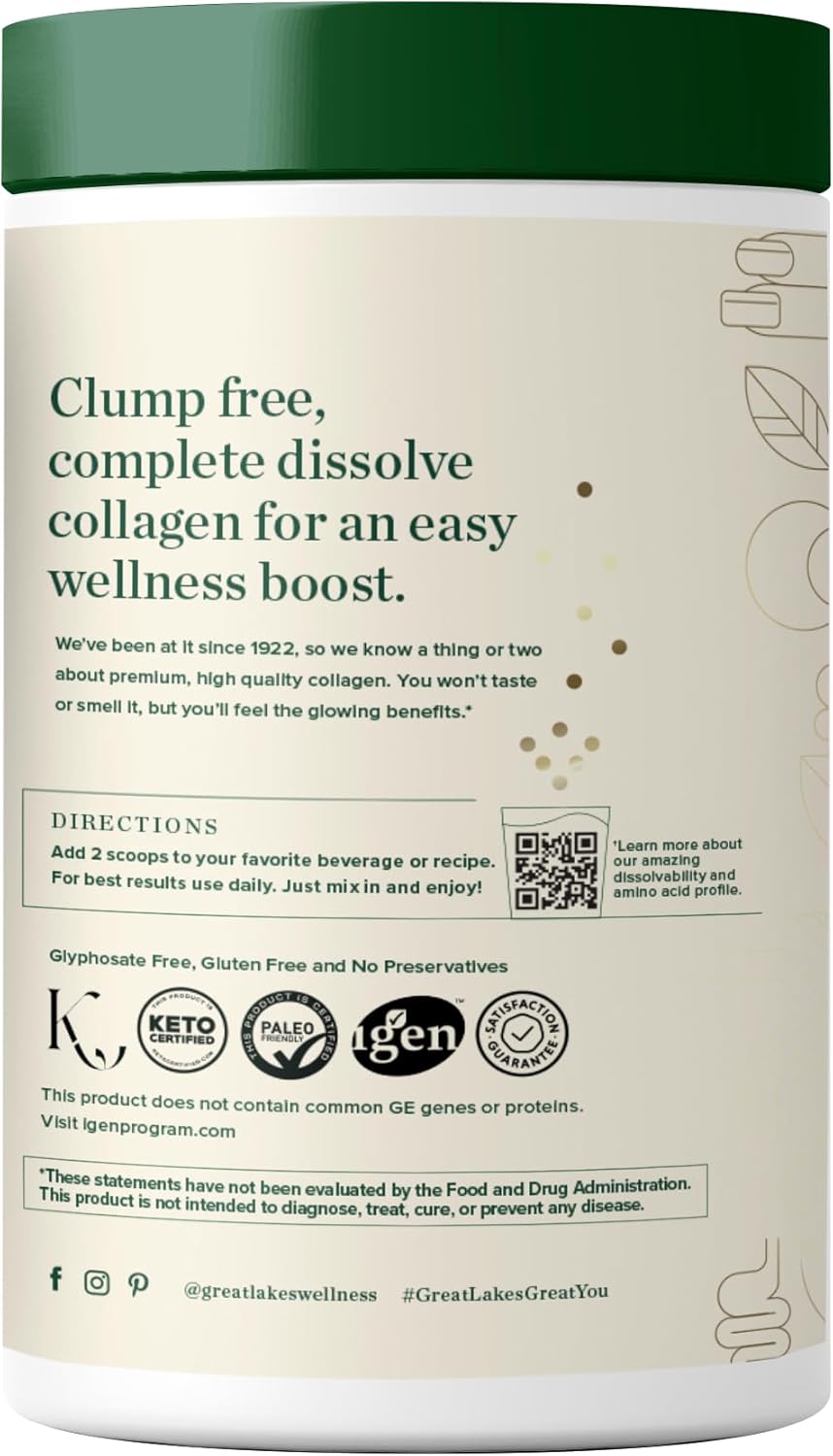 Great Lakes Wellness Collagen Peptides Powder for Skin, Hair, Nails, Joints & Digestion - Unflavored - Quick Dissolve Hydrolyzed, Non-GMO, Keto, Kosher - 16oz