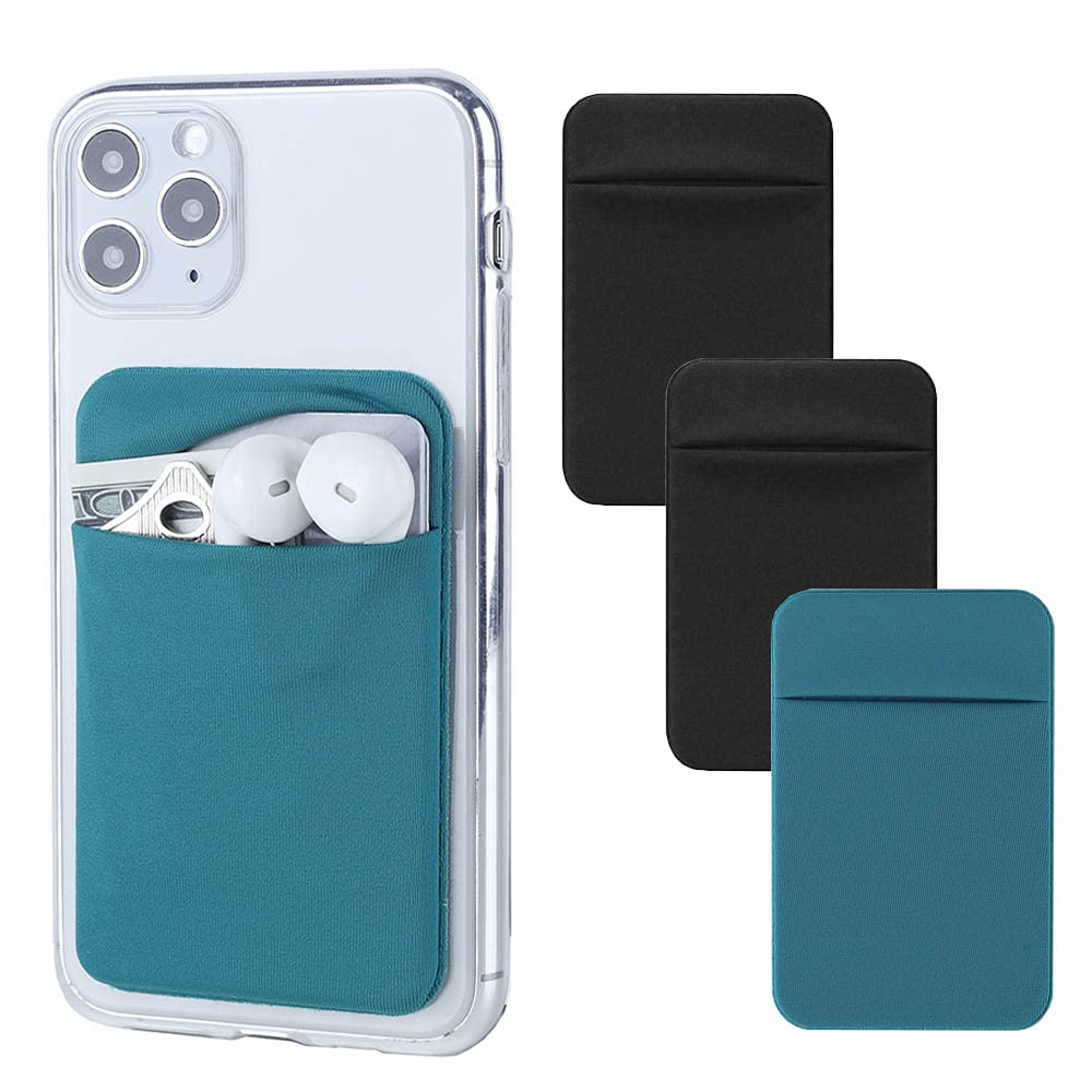 3Pack Cell Phone Card Holder Pocket for Back of Phone,Stretchy Stick on Wallet Credit Card ID Case Pouch Sleeve Self Adhesive Sticker with Flap for iPhone Samsung Galaxy-2Black+1Navy Blue