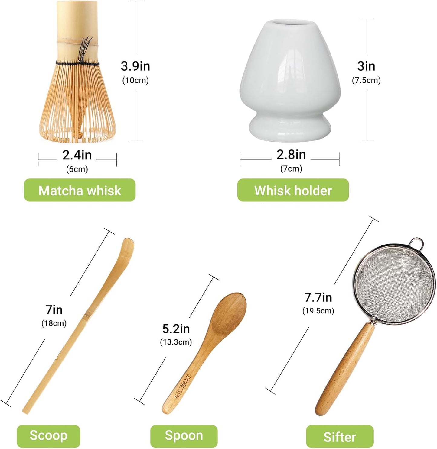 Bamboo Matcha Whisk Set -Matcha Whisk (Chasen),Whisk Holder(White),Sifter,Tea Scoop and Tea Spoon