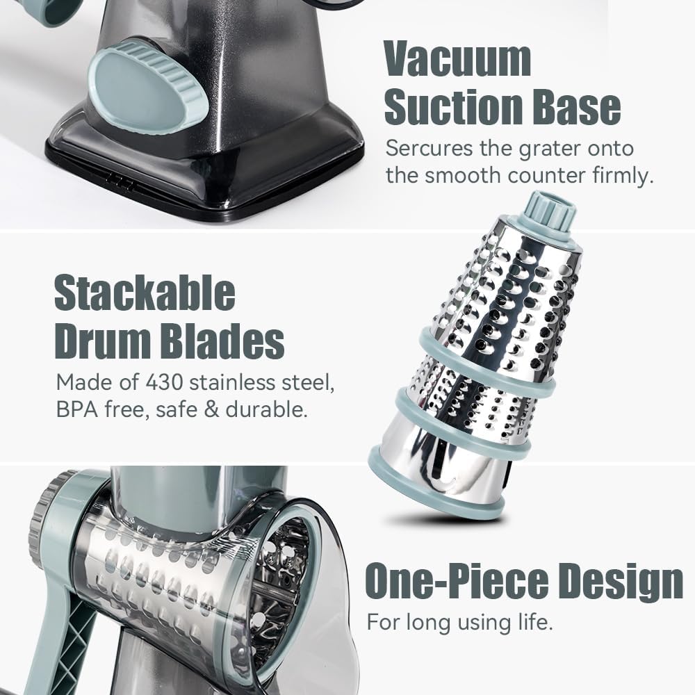 KEOUKE Rotary Cheese Grater Hand Crank Cheese Shredder Vegetable Mandoline Slicer for Kitchen 3 Changeable Blades for Cheese Potato Zucchini Nuts Chocolate - GreyBlue