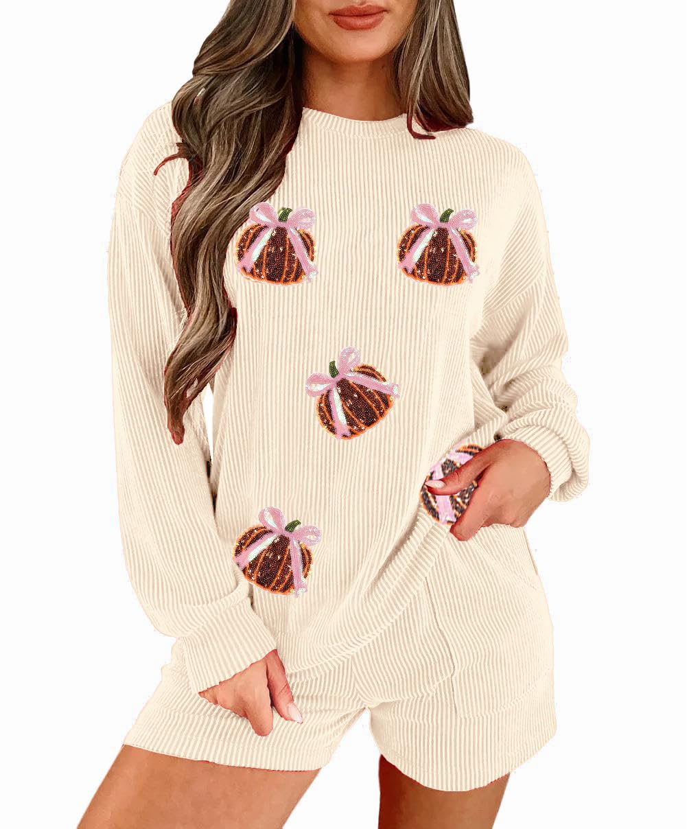 Womens Ribbed Pajama Sets Long Sleeve Top and Shorts Matching Lounge Set Loungewear Sweatsuit with Pockets