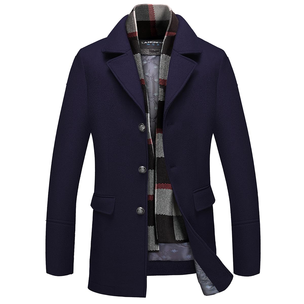 INVACHI Men's Wool Blend Pea Coat Warm Winter Trench Coat with Detachable Soft Scarf Single Breasted Overcoat