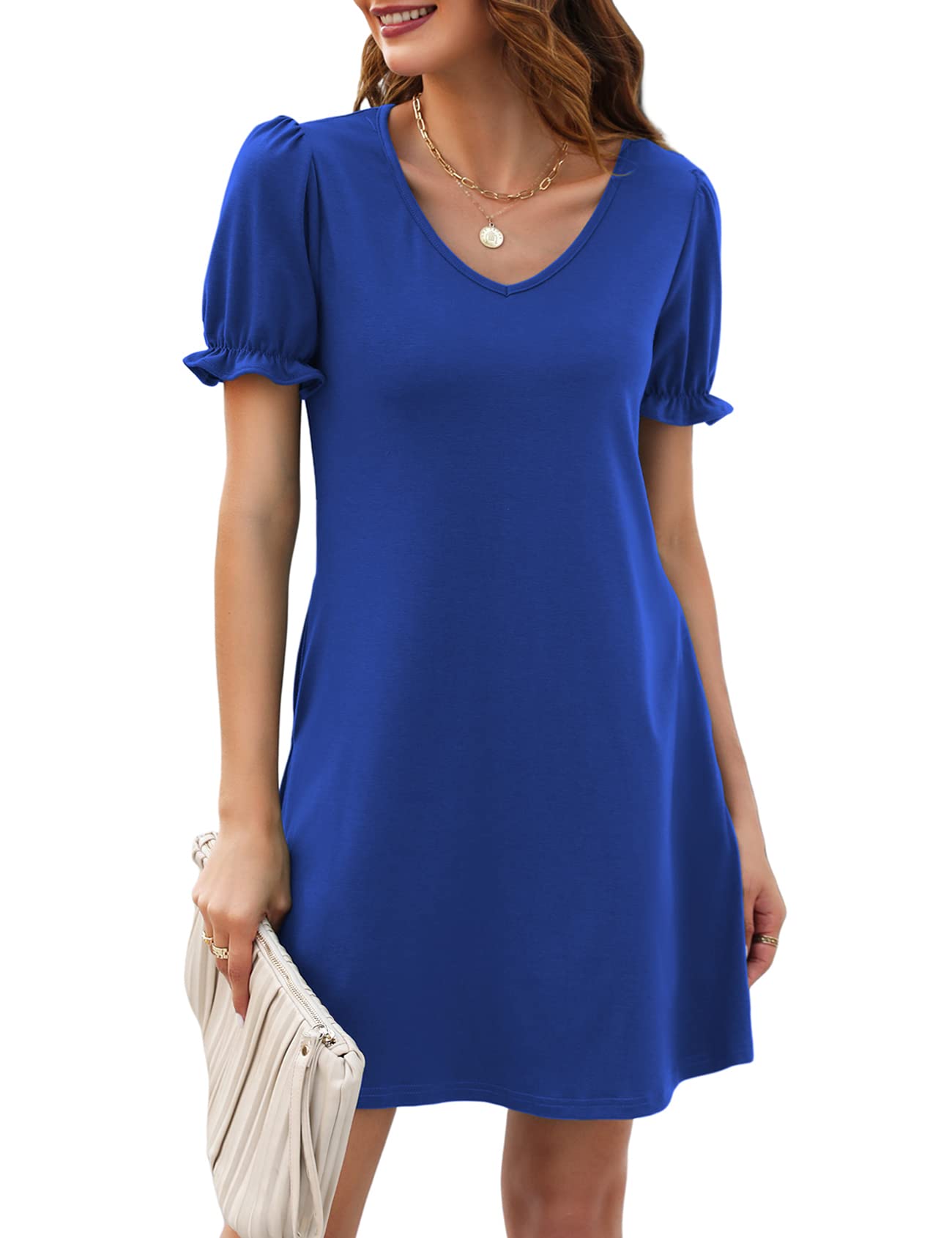 Halife Womens Summer Dresses Casual Puff Short Sleeve V-Neck T Shirt Dress with Pockets
