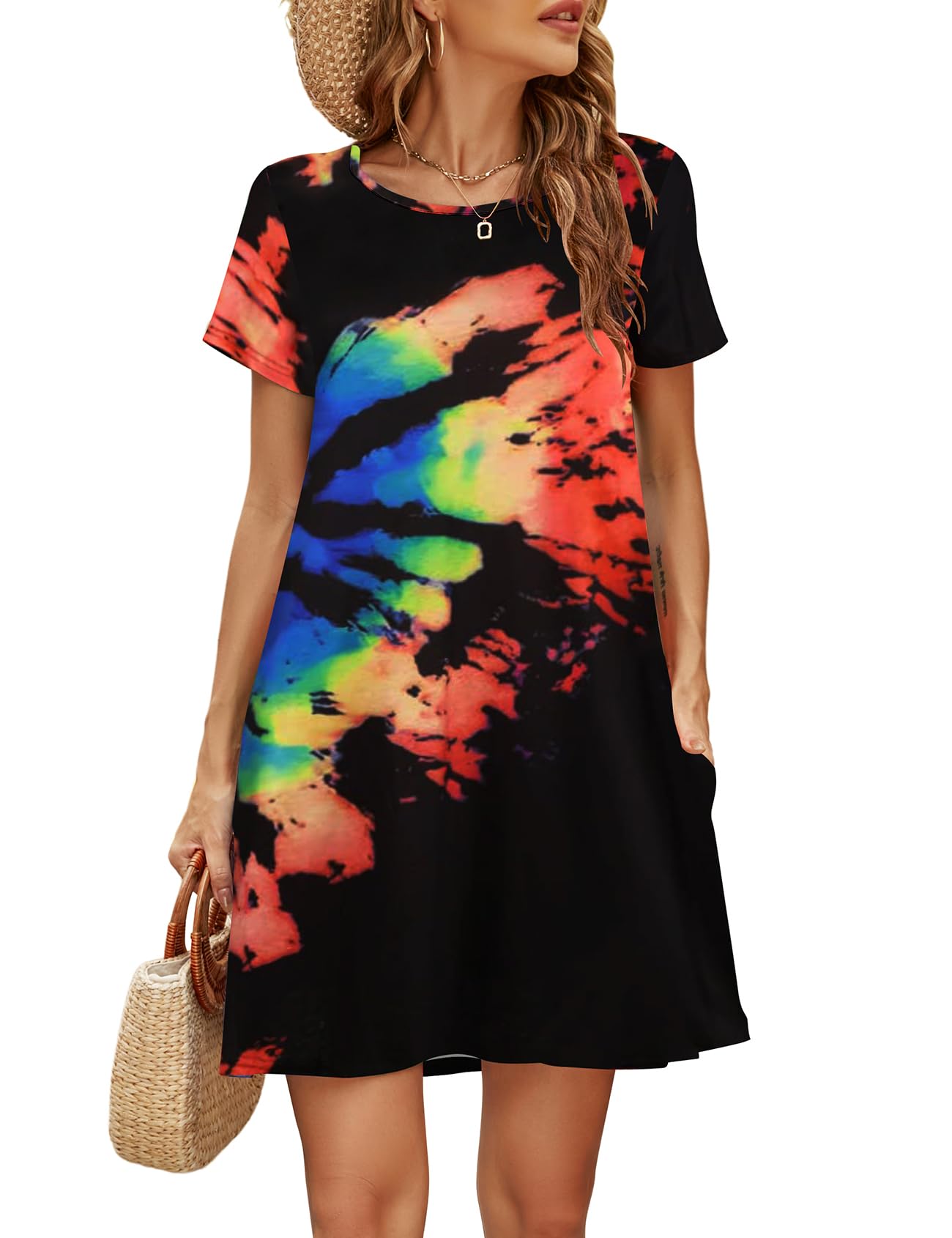 Halife Womens Summer Casual Tshirt Dress Loose Lace Hem Short Sleeve Beach Sundresses with Pockets