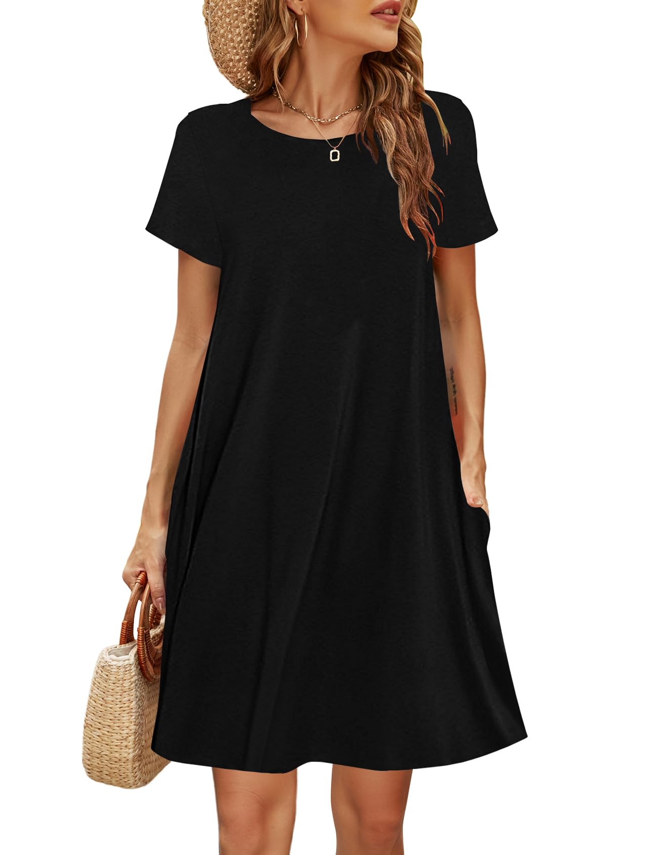 Halife Womens Summer Casual Tshirt Dress Loose Lace Hem Short Sleeve Beach Sundresses with Pockets