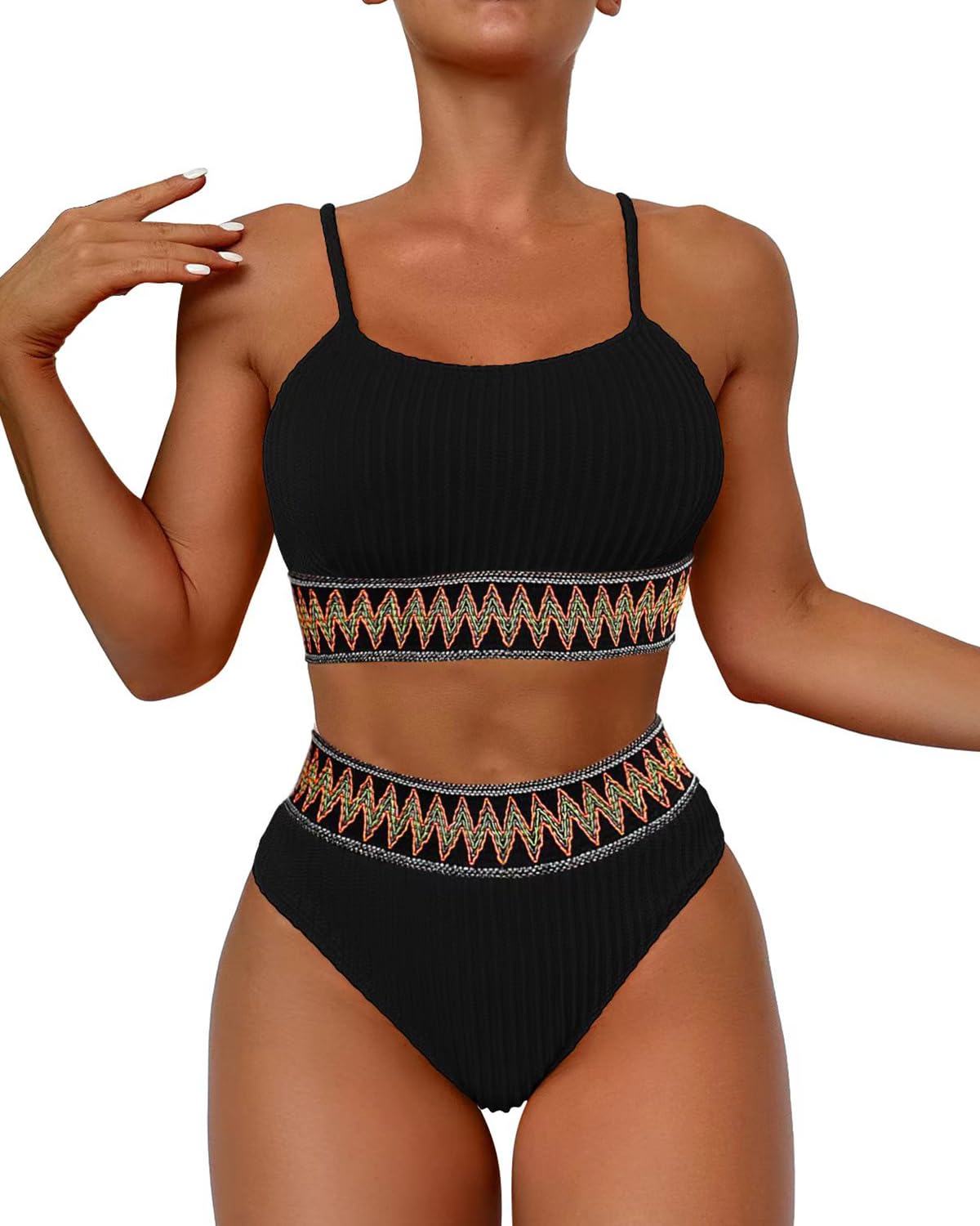 Limeeke Women High Waisted Bikini Sets Ribbed Color Block Two Piece Swimsuit Scoop Neck Bathing Suit