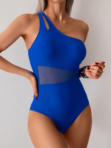 Limeeke Women One Piece Swimsuit One Shoulder Keyhole Bathing Suit Slimming Sexy Mesh Sheer Swimwear