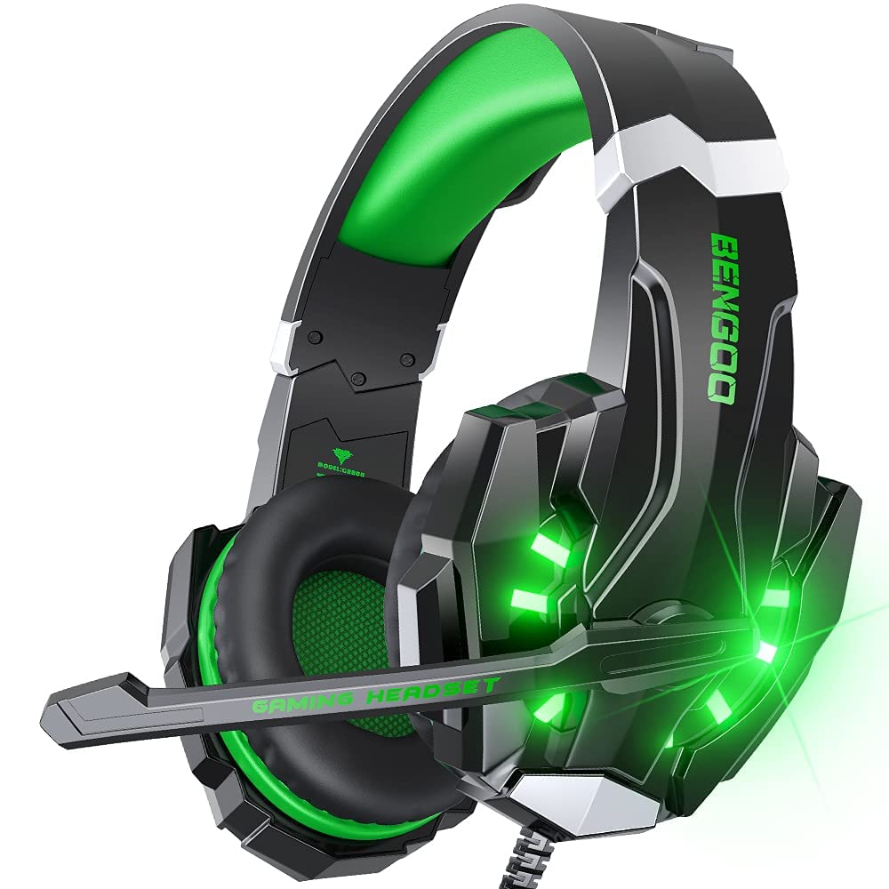 BENGOO G9000 Stereo Gaming Headset for PS4 PC Xbox One PS5 Controller, Noise Cancelling Over Ear Headphones with Mic, LED Light, 7.1 Surround Sound, Soft Memory Earmuffs for Nintendo Xbox Series X|S