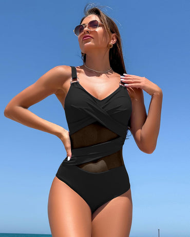 Limeeke Women's One Piece Swimsuit Sexy Mesh Sheer Tummy Control Bathing Suit Cross Twist Front Swimwear