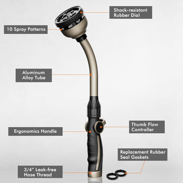 RESTMO Watering Wand Heavy Duty, Metal Garden Hose Wand with 10 Spray Patterns, 15-Inch Long Hose Nozzle Sprayer with Thumb Flow Control, Ideal to Water Hanging Baskets and Shrubs