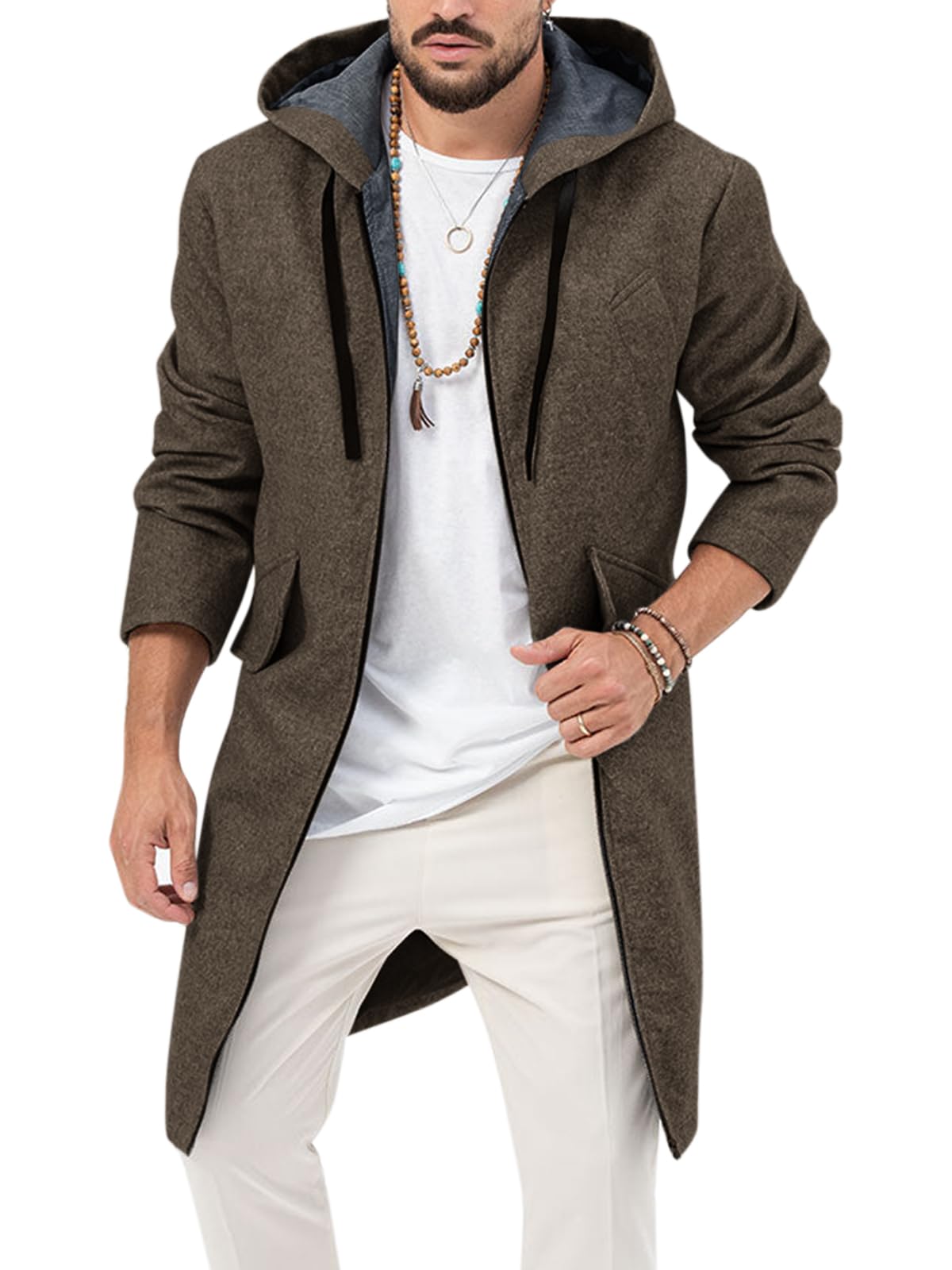 ZIWOCH Mens Trench Coat Wool Blend Hoodie Long Jacket Full Zip Winter Classic Business Overcoat