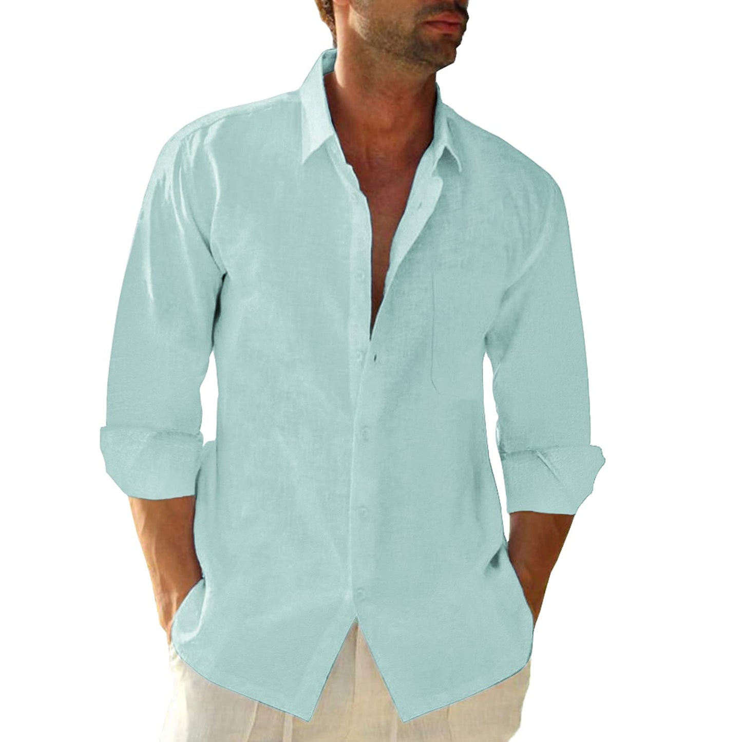 Button Down Linen Shirts for Men Casual Long Sleeve Regular Fit Cotton Beach Shirts with Pocket