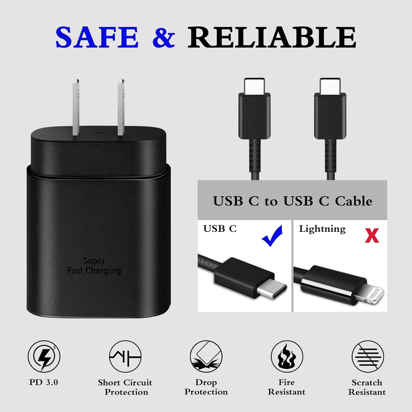 Type C Charger, 2-Pack 25W Type C Fast Charging Block with 6ft USB C Charger Cable Compatible with Galaxy S23 Ultra/S23+/S22/S21/S20/Phone 16/16 Plus/16 Pro Max/15/15 Pro Max/15 Plus-Black