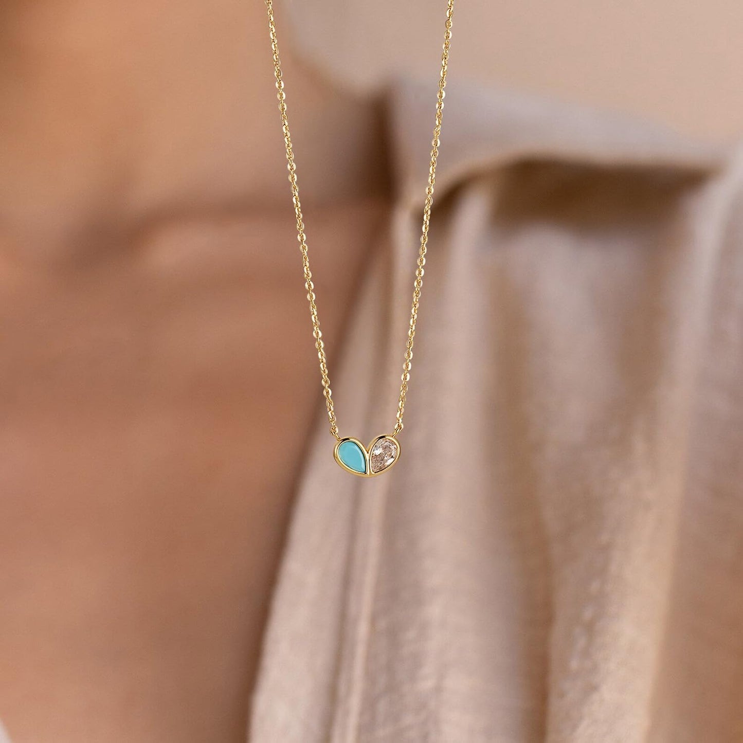MYEARS Women Gold Necklace Heart Pendant Double Waterdrop Cubic Zirconia 14K Simple Dainty Chain Everyday Trendy Jewelry