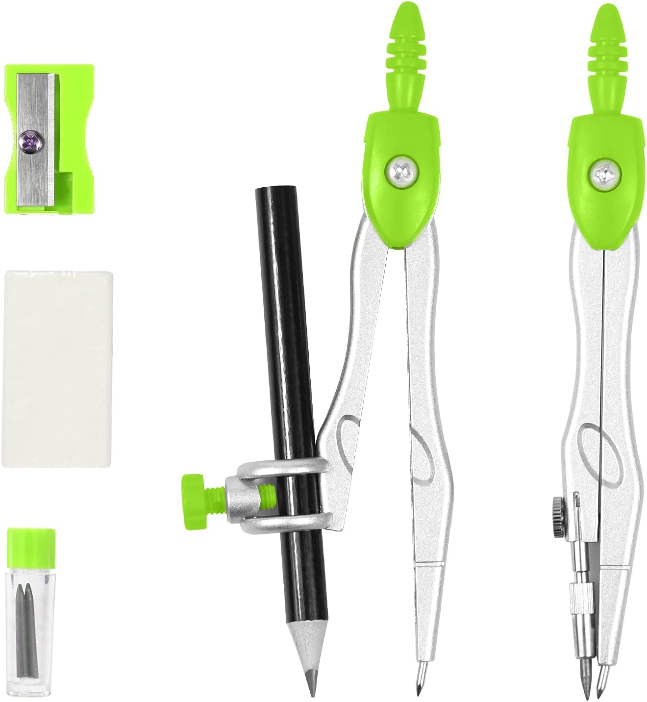 Math Geometry Kit Sets 10 Piece Student Supplies with Shatterproof Storage Box,Includes Rulers,Protractor,Compass,Eraser,Pencil Sharpener,Lead Refills,Pencil,for Drafting and Drawings(Green)