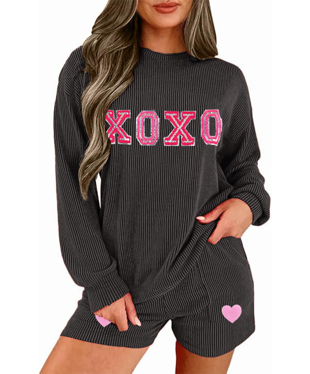 Womens Ribbed Pajama Sets Long Sleeve Top and Shorts Matching Lounge Set Loungewear Sweatsuit with Pockets