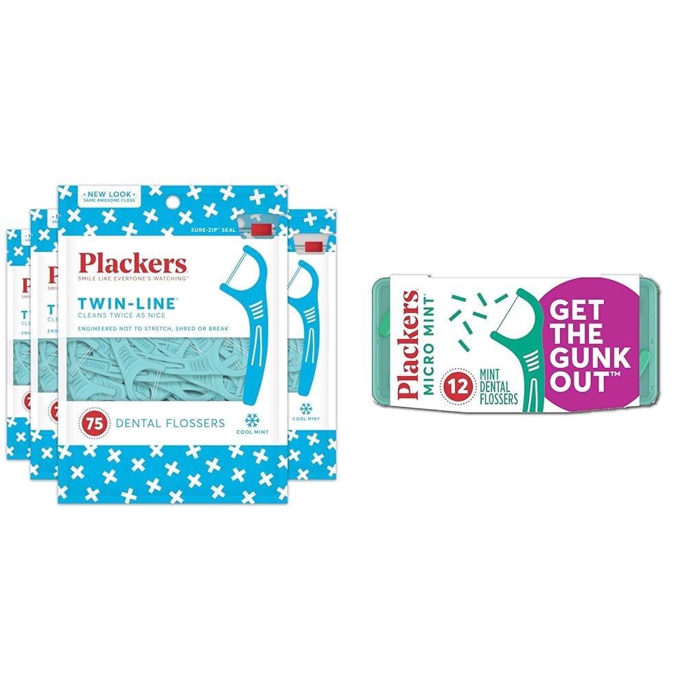 Plackers Twin-Line Dental Flossers, Cool Mint Flavor, Dual Action Flossing System, Easy Storage, Super Tuffloss, 2X The Clean, 75 Count