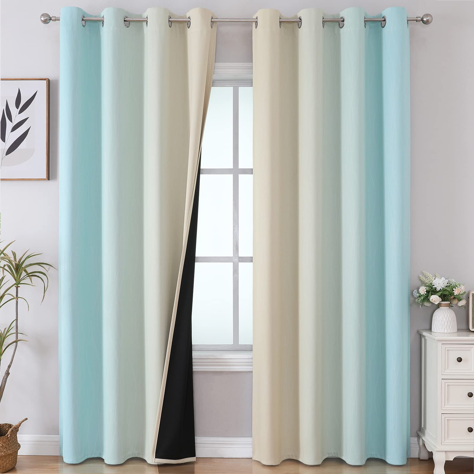 Estelar Textiler Beige and Greyish White Blackout Curtains for Living Room, Full Room Darkening Gradient Drapes for Bedroom, Thermal Insulated Ombre Grommet Curtains for Dining Room,52Wx84L,2 Panels