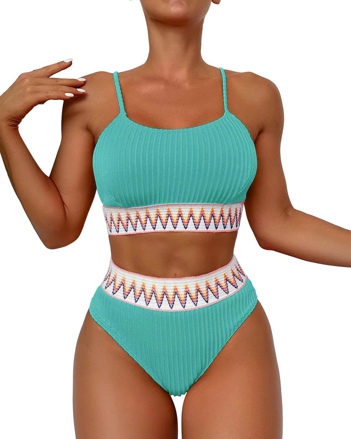 Limeeke Women High Waisted Bikini Sets Ribbed Color Block Two Piece Swimsuit Scoop Neck Bathing Suit