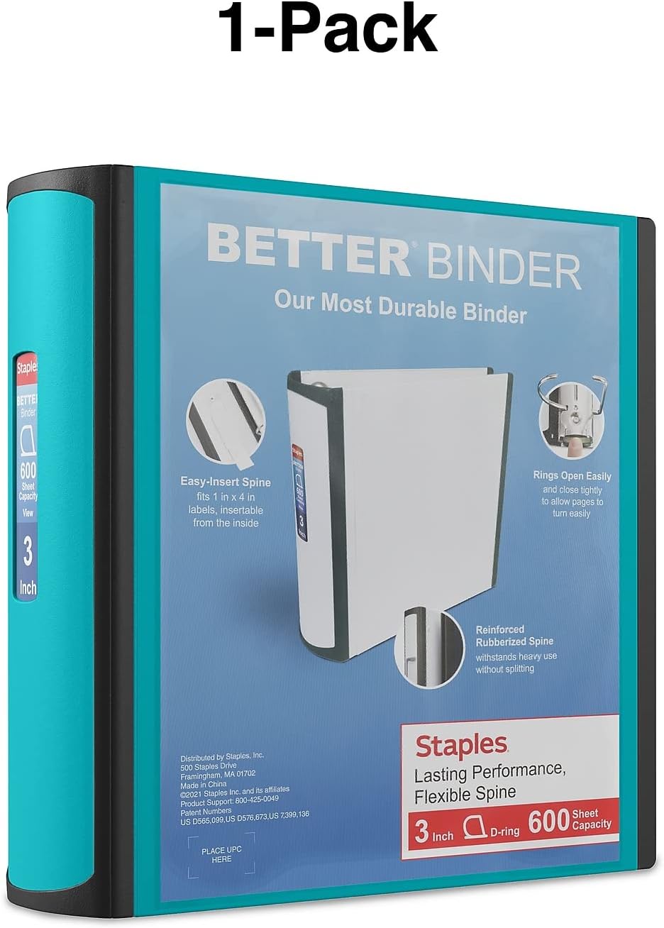 STAPLES 3 Inch BetterView Binder with D-Rings (Teal)