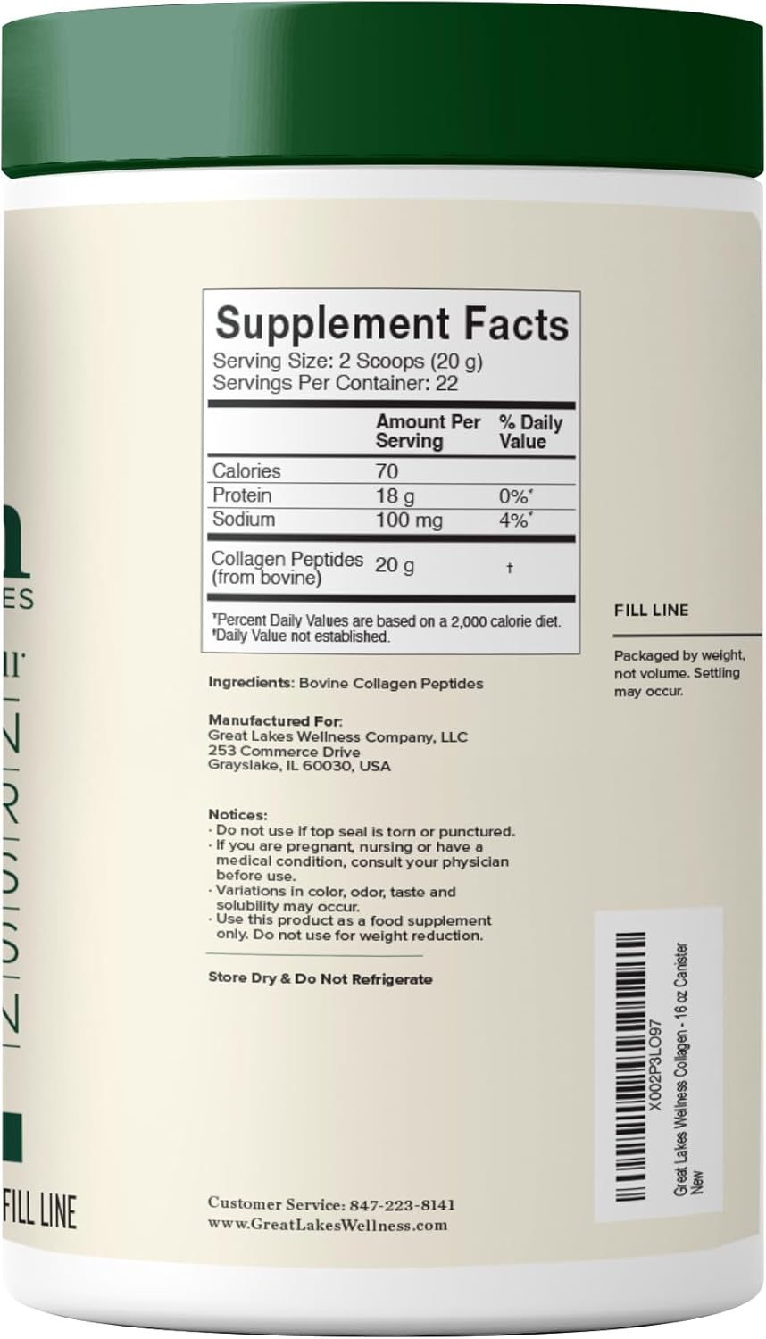 Great Lakes Wellness Collagen Peptides Powder for Skin, Hair, Nails, Joints & Digestion - Unflavored - Quick Dissolve Hydrolyzed, Non-GMO, Keto, Kosher - 16oz