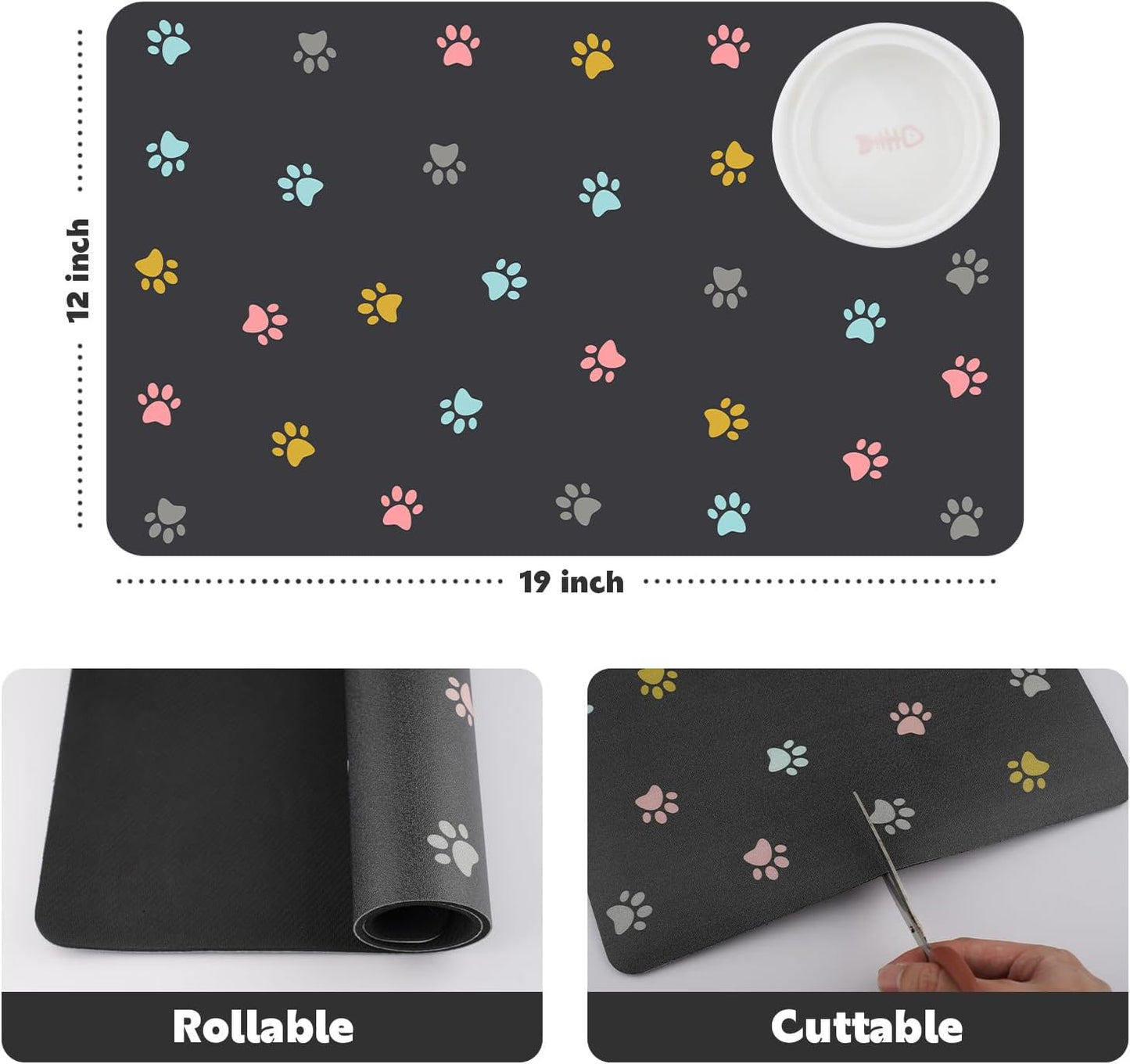Absorbent Pet Feeding Mat for Food and Water No Stains Quick Dry Mat for Dog Cat Bowl, Dark Paw12x19 Inches