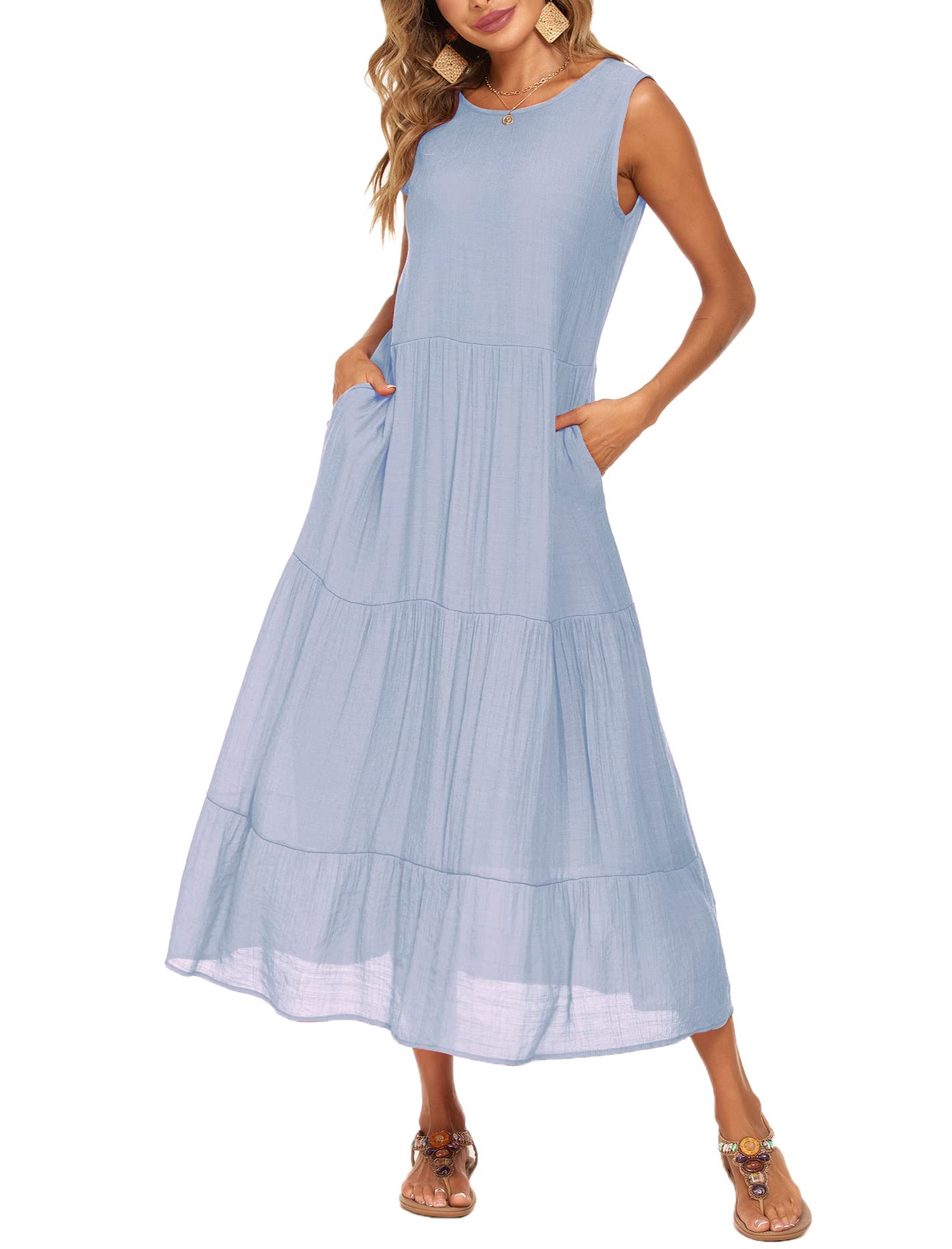 Halife Women's Summer Casual Maxi Dresses Flowy Ruffle Boho Long Dresses with Pockets