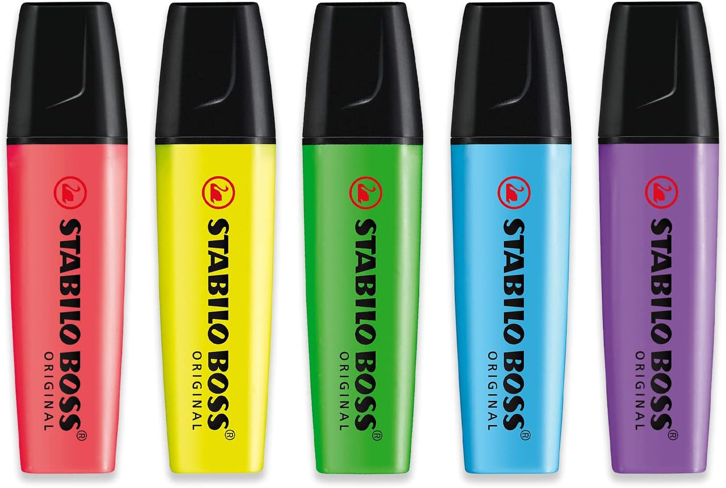 STABILO Highlighter BOSS ORIGINAL - Essential Pack of 5 - Red, Yellow, Light Blue, Light Green & Lavender