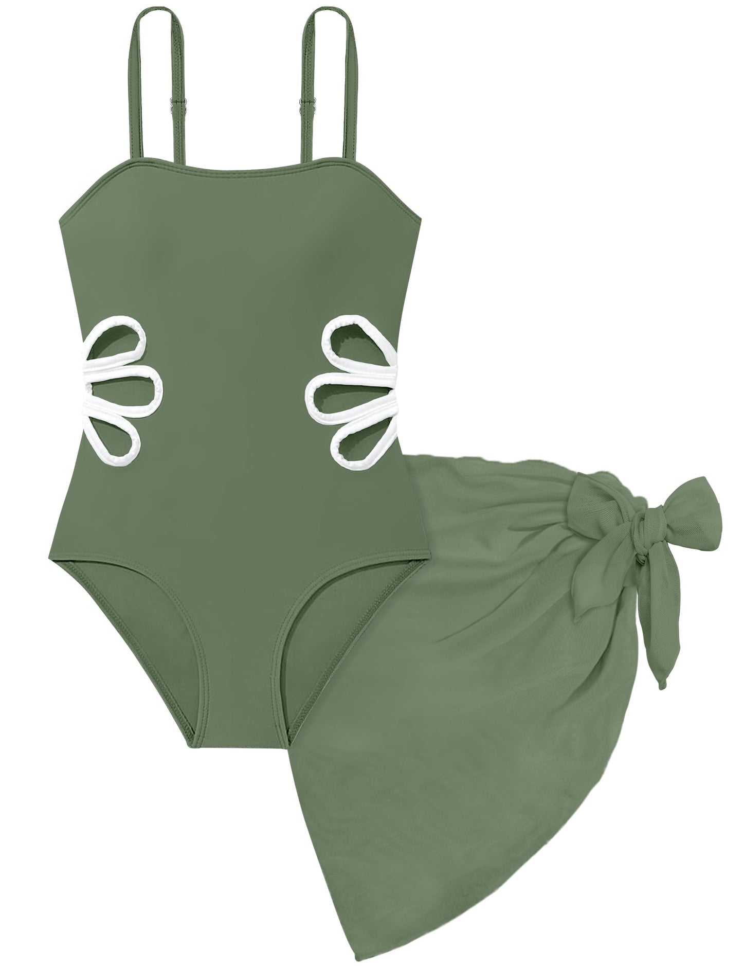 Girls Swimsuit, Adjustable Straps Cut Out One Piece Bathing Suit with Solid Color Cover Up Skirt Girls' Swimwear