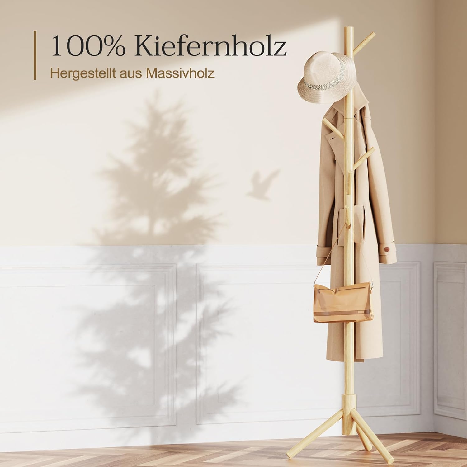Pipishell Coat Rack Sturdy Wooden Coat Rack Stand, Adjustable Coat Tree, Free Standing Tree Hanger with 4 Sections & 8 Hooks, for Home/Bedroom/Office/Hallway/Entryway