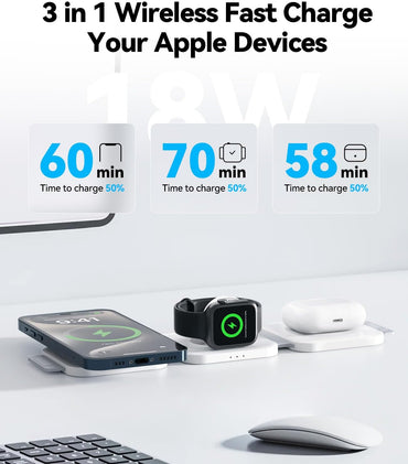 3 in 1 Charging Station for Apple Multiple Devices, Foldable Magnetic Fast Wireless Charger Dock, Travel Charging Pad for iPhone 16 15 14 13 12 Pro Max Plus Apple Watch Series & AirPods 4/3/2/Pro