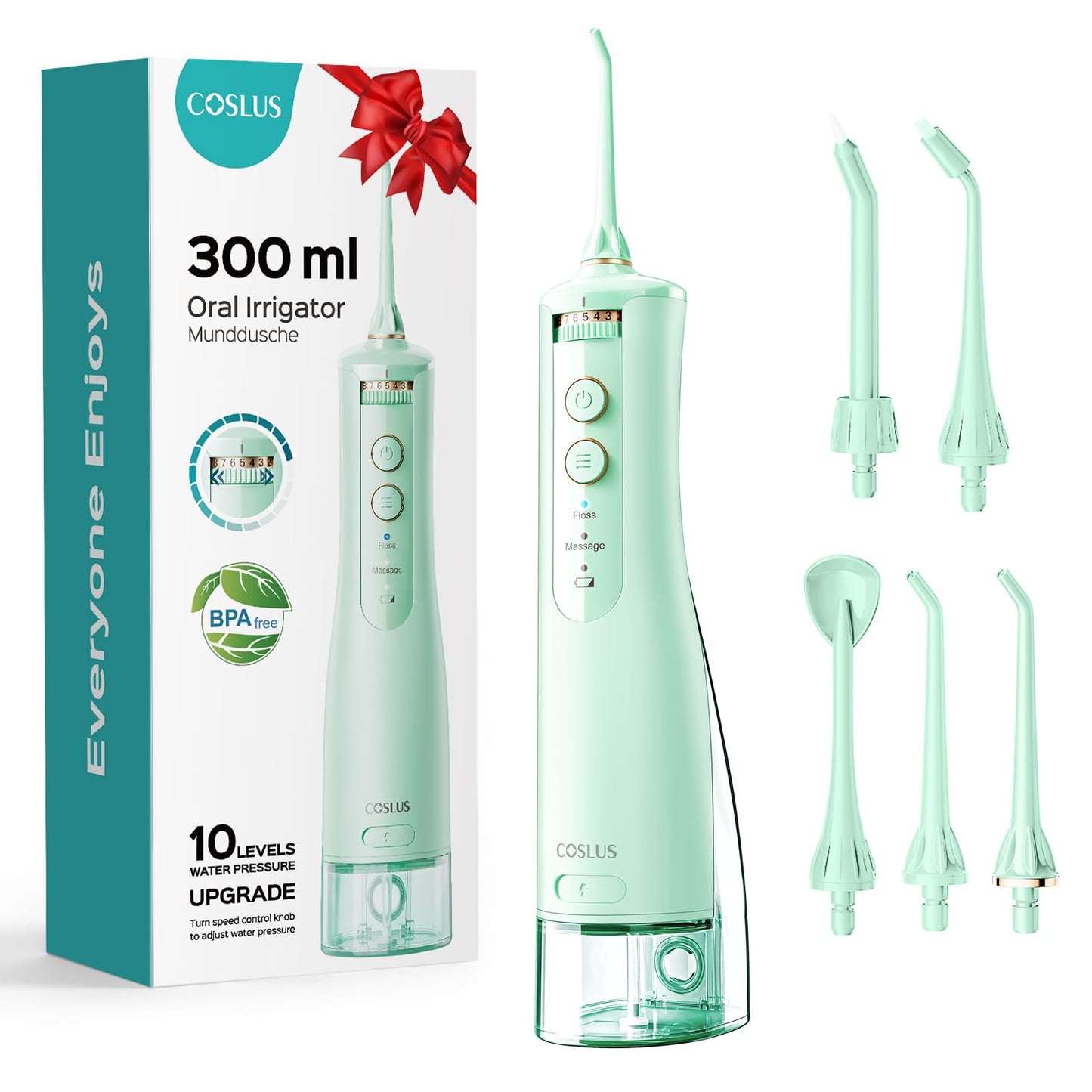 COSLUS Cordless Water Flosser & Dental Pick for Teeth, Braces, Gums Care - Advanced 10 Pressure Settings for Multiple Users, Rechargeable, Portable for Travel, BPA-Free, Black, E40(WFP14)