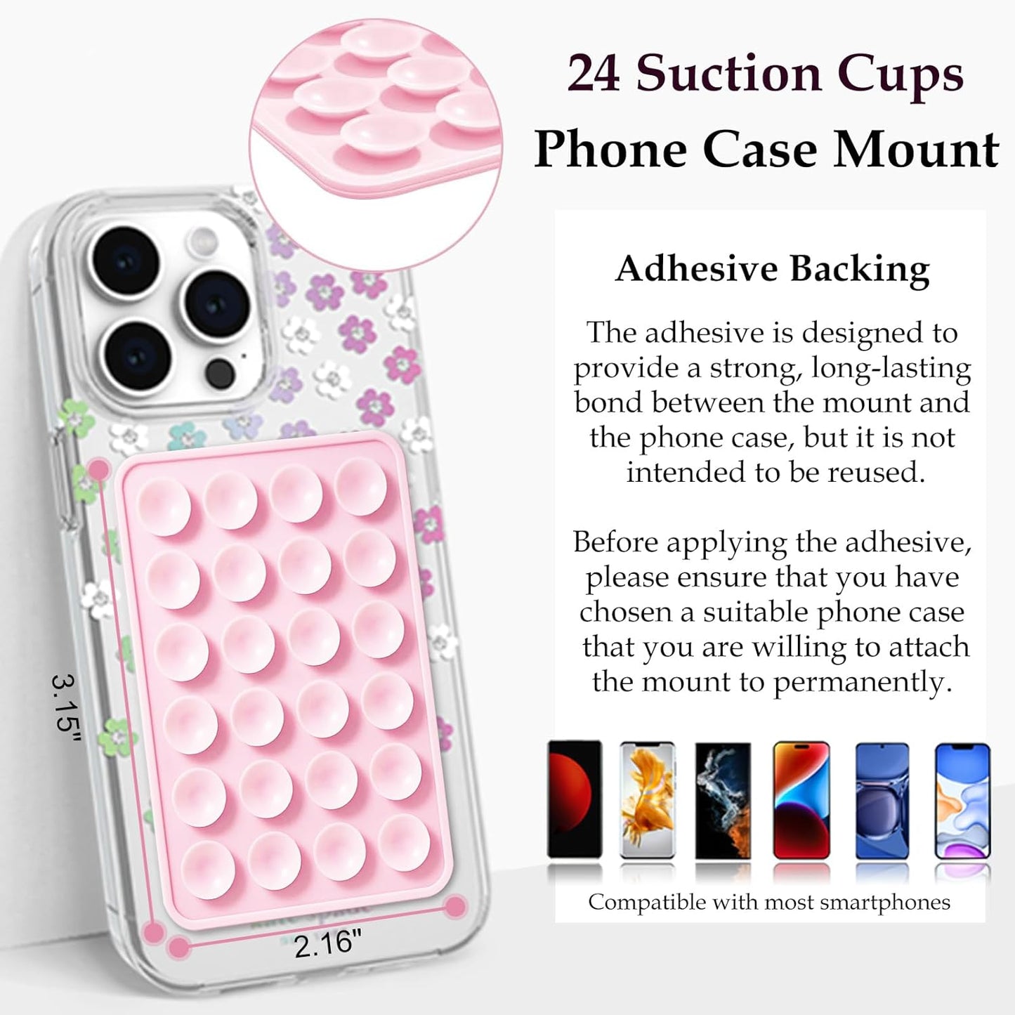 Silicone Suction Phone Case Mount, Silicon Adhesive Phone Accessory for Smartphones, Hands-Free Mirror Shower Phone Holder for Selfies, Tiktok Videos (Light Pink)