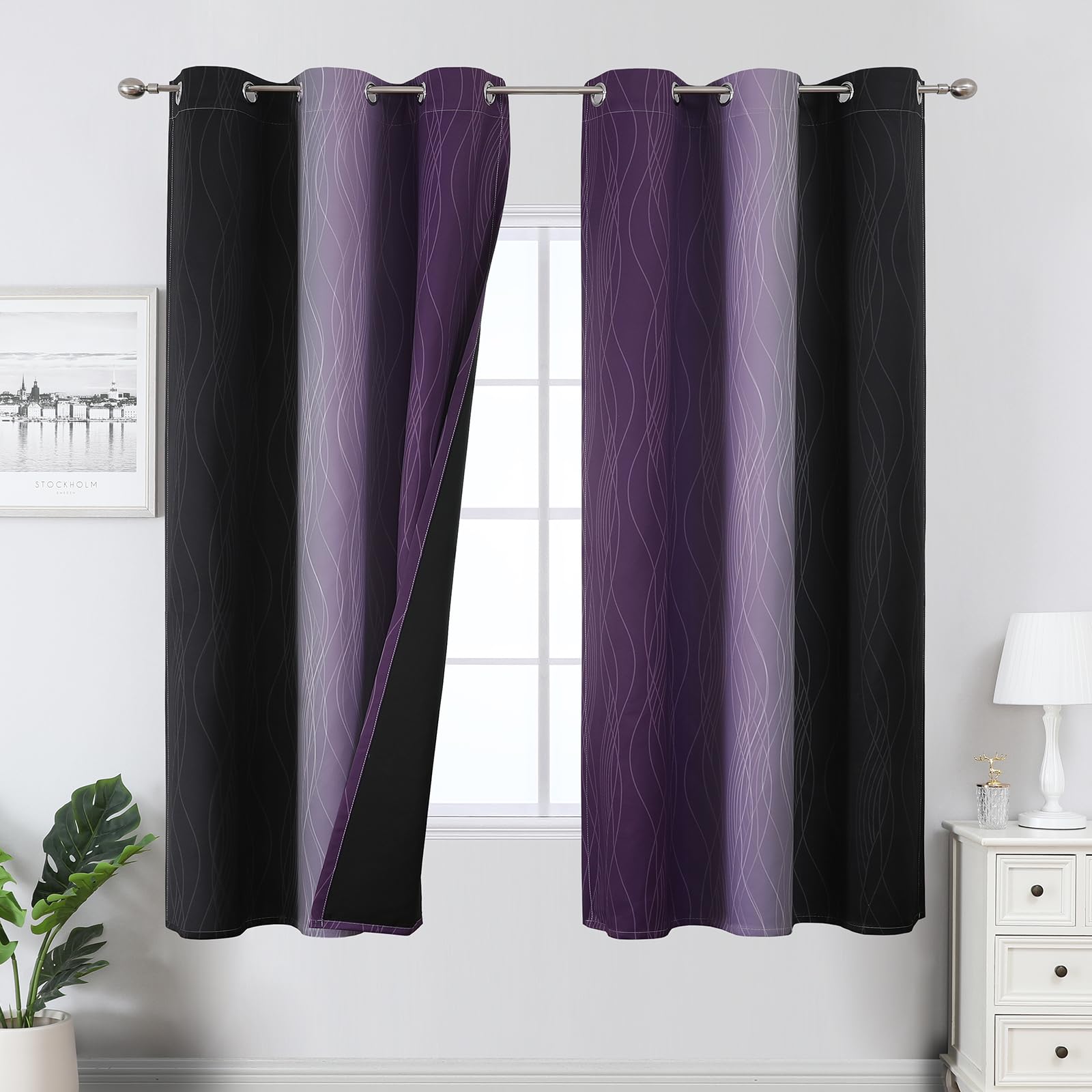 Estelar Textiler Beige and Greyish White Blackout Curtains for Living Room, Full Room Darkening Gradient Drapes for Bedroom, Thermal Insulated Ombre Grommet Curtains for Dining Room,52Wx84L,2 Panels