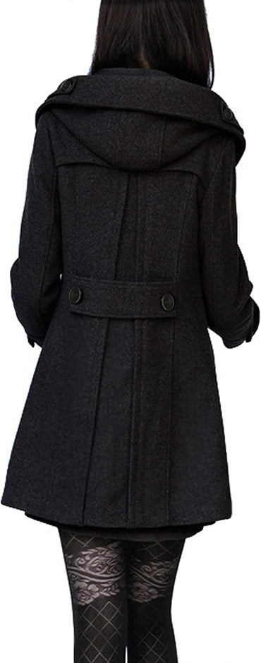 Tanming Women's Warm Double Breasted Wool Pea Coat Trench Coat Jacket with Hood