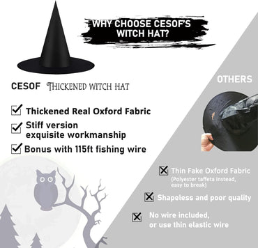 12 PCS Halloween Decorations Witch Hat Costume Accessory, Thickened Hanging Black Wizard Hats Bulk for Women Kids with Rope Floating Porch Indoor Outdoor Hocus Pocus Decor Party Supplies