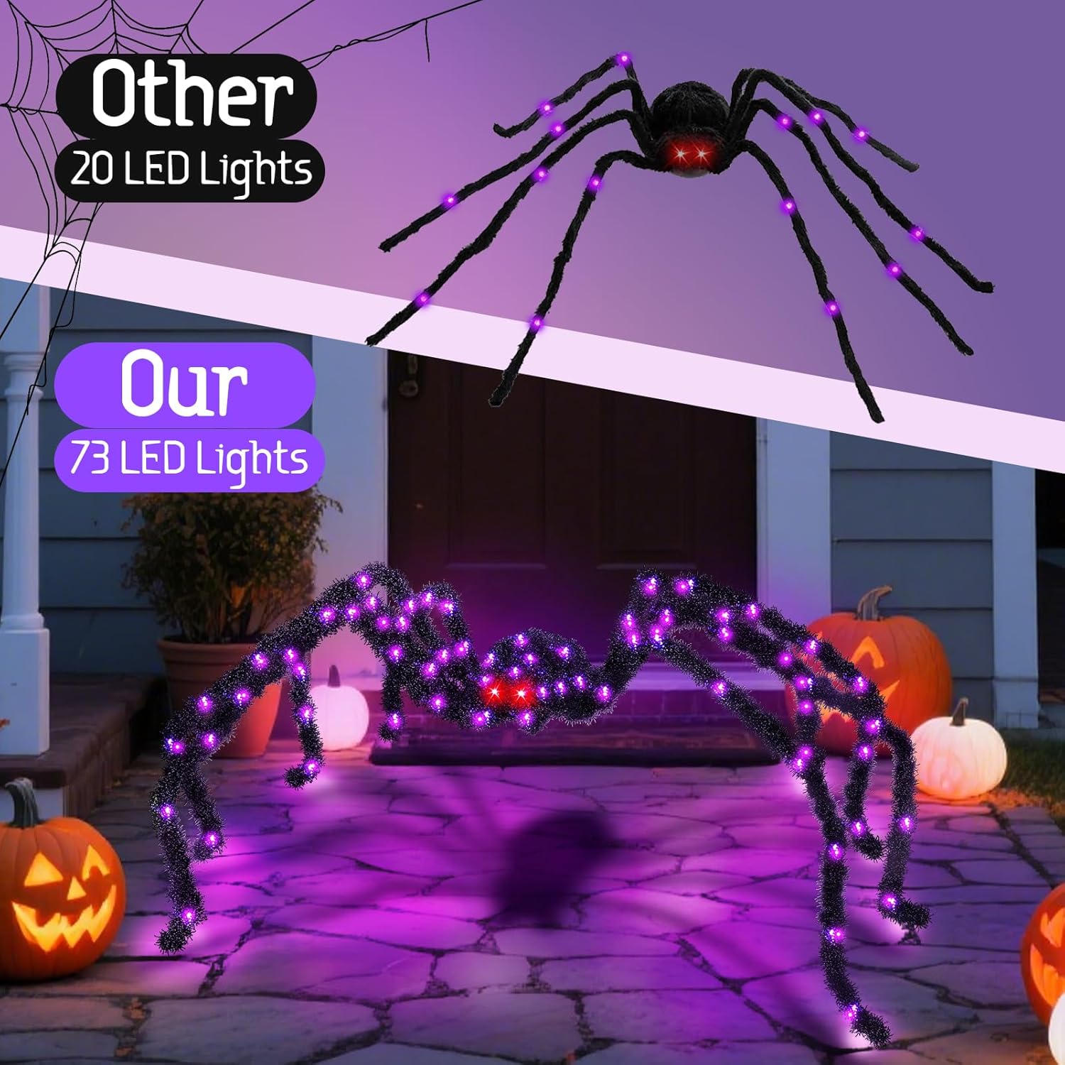 Halloween Spider Lights with Timer 73 LED Giant Fuzzy Spider Halloween Decor for Indoor Outdoor Halloweens Decorations Yard Porch Haunted House Scary Spider Web Display