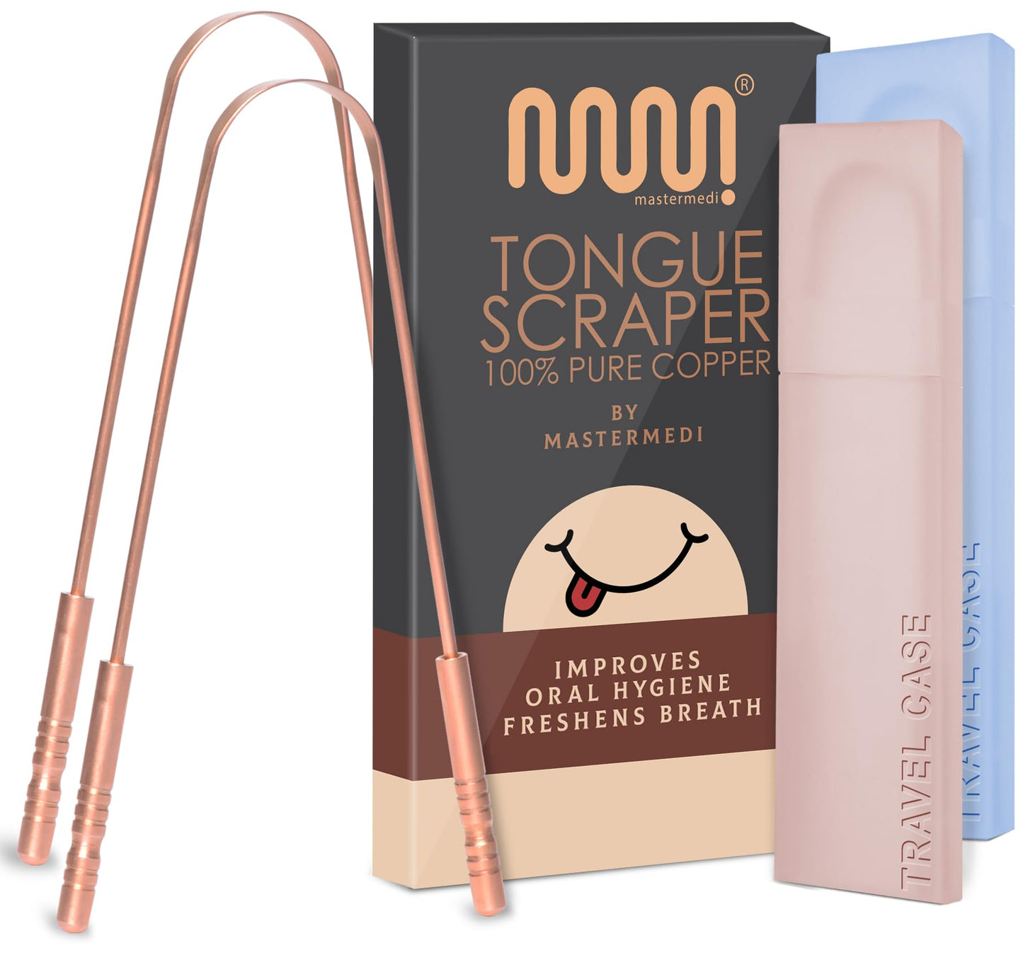 MasterMedi Tongue Scraper for Adults with Multicolor Travel Cases (2 Pack), 100% Stainless Steel, Reduce Bad Breath, Tongue Scrubber, Easy to Use, Tongue Cleaner for Oral Care & Hygiene