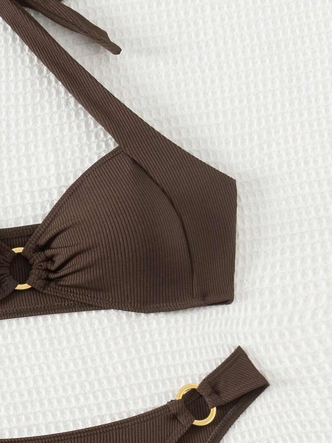 Limeeke Women's Ribbed Bikini Sets O Ring Linked Halter Neck Two Piece Swimsuit Cheeky Swim Bathing Suit