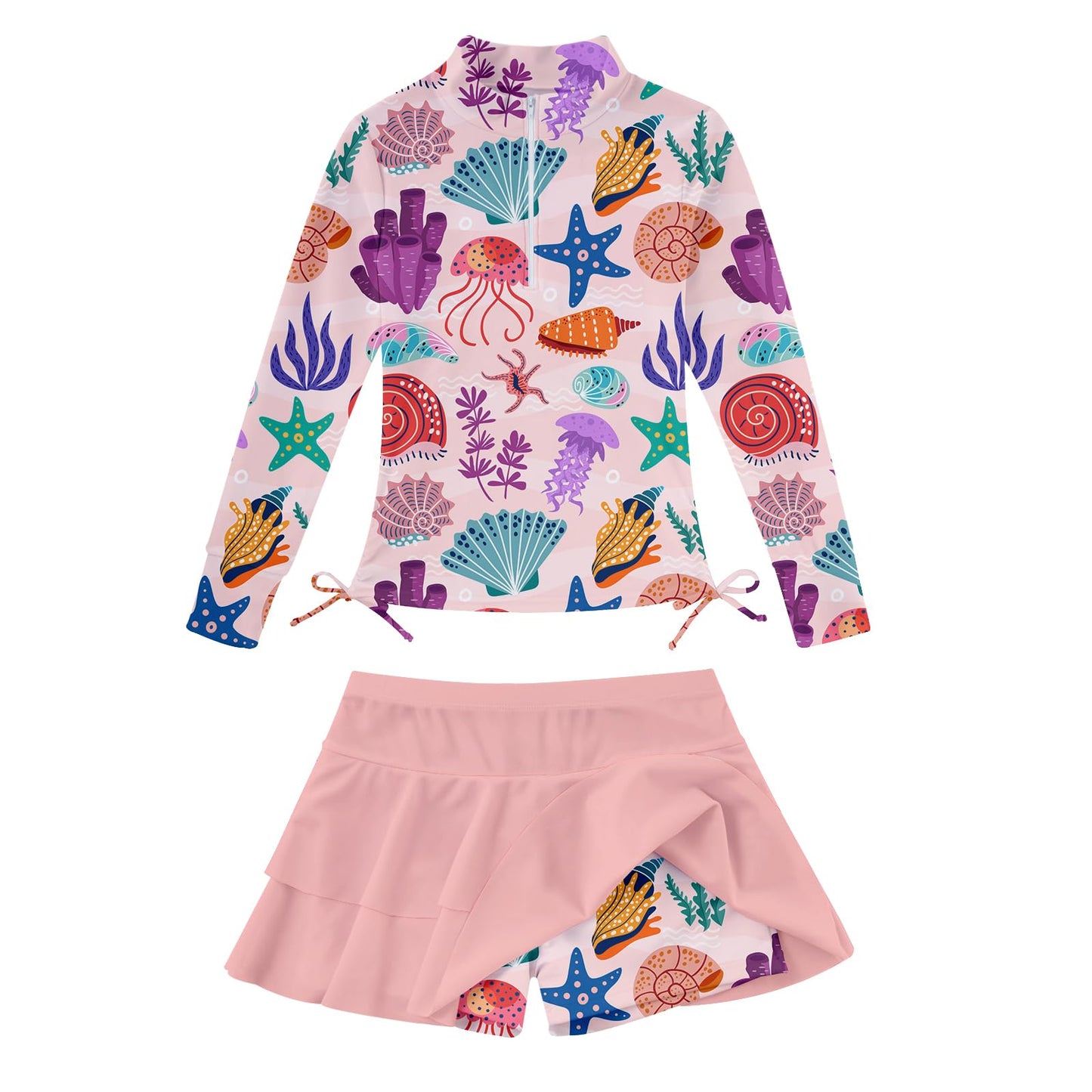 Vogseek 3-12T Girls Rash Guard 2 Pieces Bathing Suit Long Sleeve Swimsuit Swimming Skirt with Shorts Swimwear