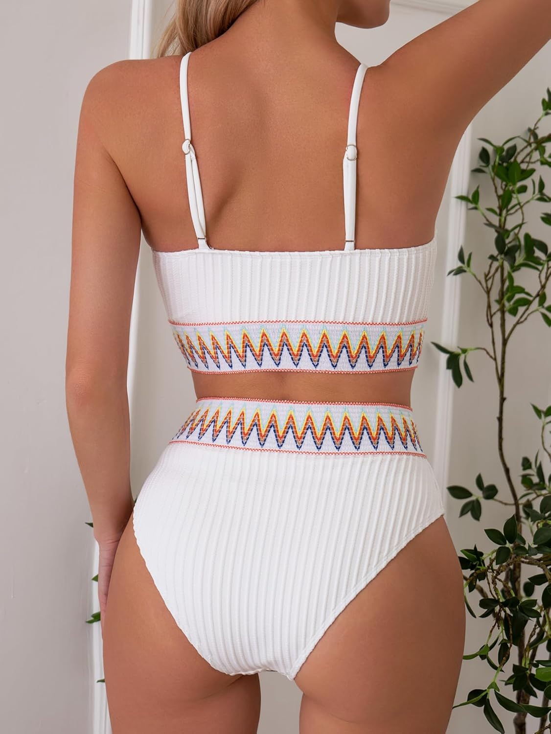 Limeeke Women High Waisted Bikini Sets Ribbed Color Block Two Piece Swimsuit Scoop Neck Bathing Suit