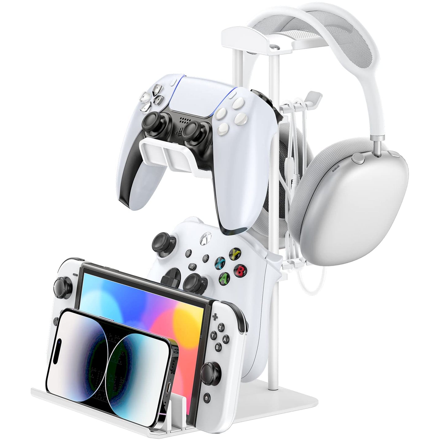 KDD Headphone Stand, Controller Holder & Headset Holder for Desk, Earphone Stand with Aluminum Supporting Bar, Universal Storage Organizer Headphones/Controller/Switch/Mobile Phone