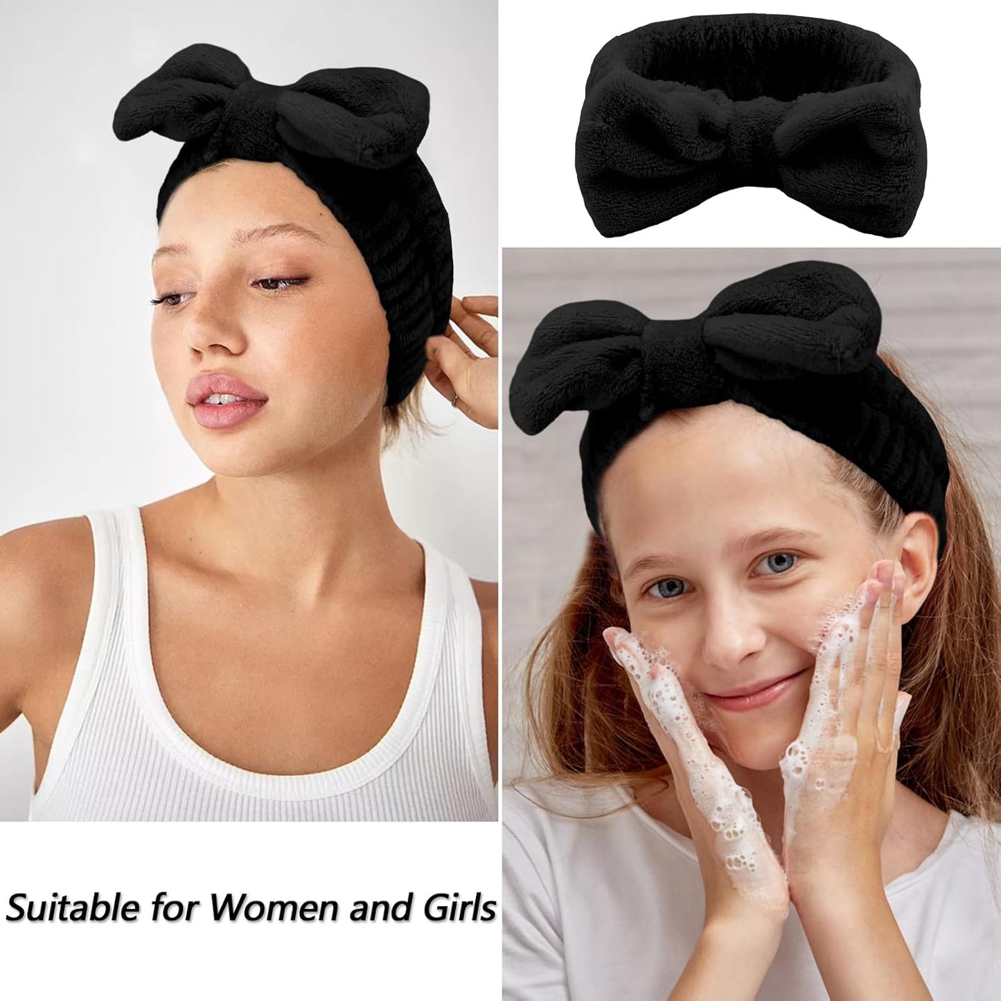 VELSCRUN 6 Pack Spa Headband, Makeup Headband, Face Wash Headbands, Skincare Headbands, Black Sponge Hair Band Bow Tie Spa Head Band for Washing Face Wristband Set Hair Accessories for Women Gifts